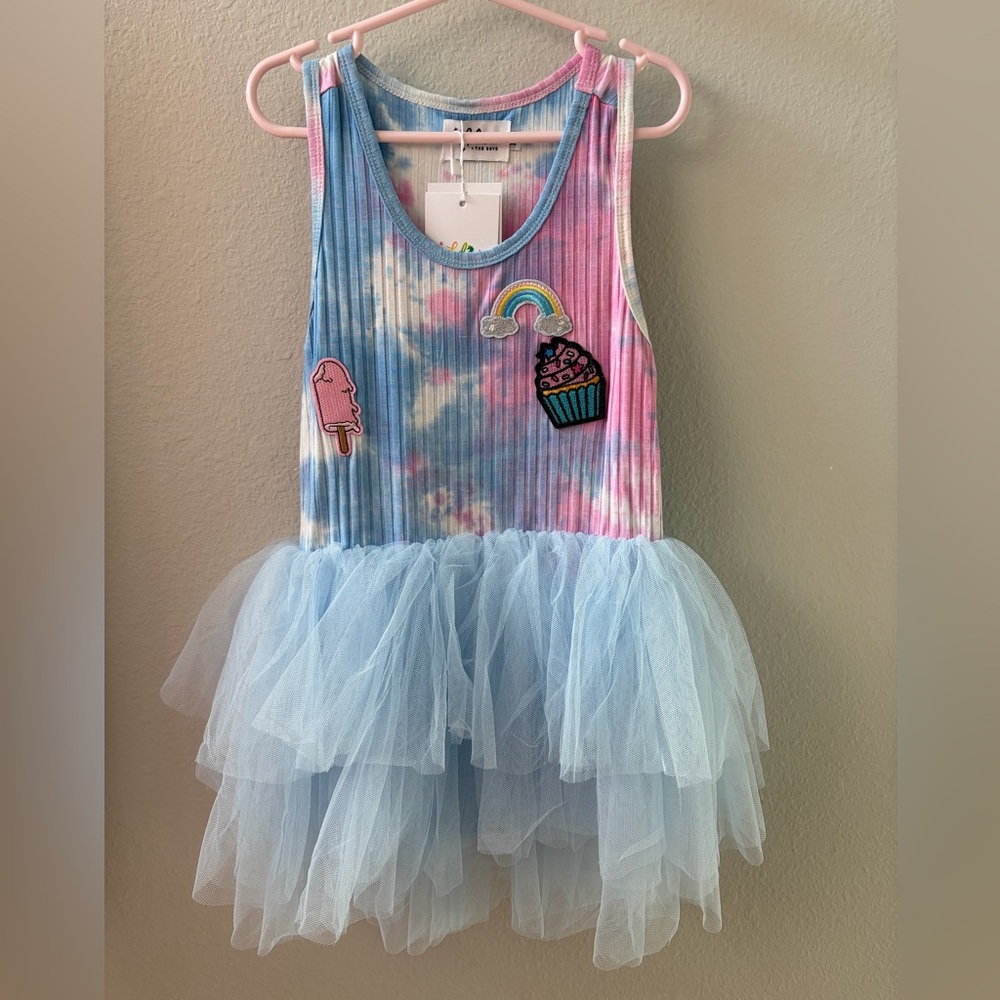 Lola + The Boys Pink & Blue Tie-Dye Tulle Dress with Patches